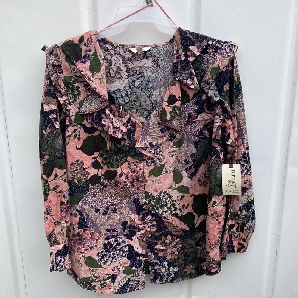 WOMEN'S PLUS RUFFLED Button Front Top Blouse Shirt Size 1X